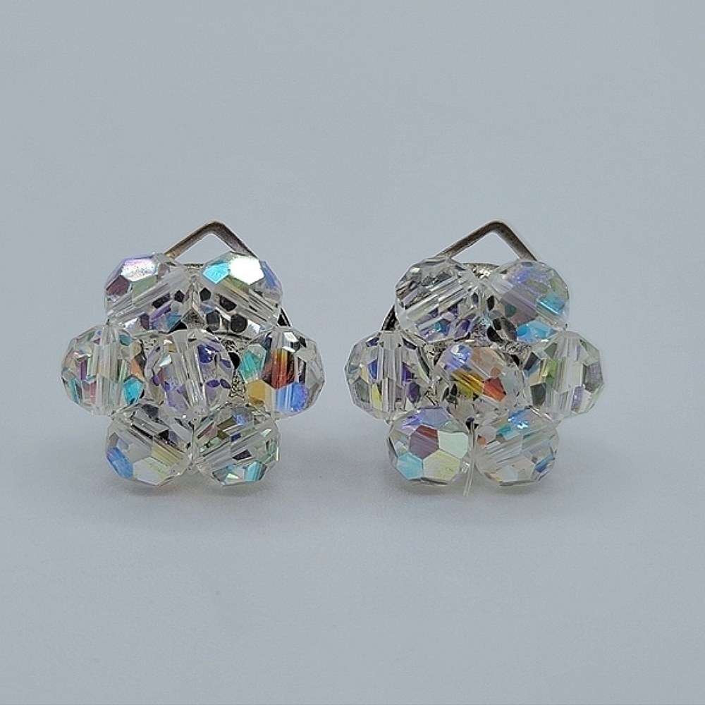 Vintage Crystal Aurora Borealis Clip Earrings Made In Italy #1209